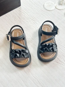 Black Toddler Girls Ruched Detail Ankle Strap Sandals - Soft Sole Open Toe Summer Beach Shoes - Black - View 2
