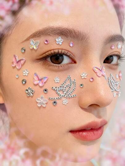 1Sheet 3D Fantasy White/Pink/Silver Butterfly Flower Face Gems Sticker Self-Adhesive Sparkling Rhinestone Body Tattoo For Party Makeup Decor