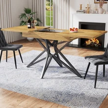 Extendable Dining Table, Dimensions 120 (160) X 80 Cm, Extendable Kitchen Table, Breakfast Table, Star Table Legs, Black Wrought Iron Table Legs, Textured Walnut/Marble Tabletop - Khaki - View 5