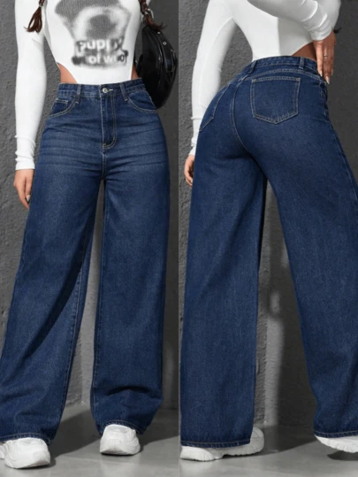 Pantalones vaqueros casuales de pierna ancha y corte holgado con bolsillos para mujeres, Jeans diarios simples de unicolor para mujer, Jesns holgados lavados para mujer