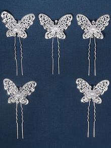 5 件女士 U 型新娘发夹，银色蝴蝶珍珠水钻新娘发夹，休闲百搭发髻配饰，适合婚礼和日常使用 - 銀色 - 查看 6