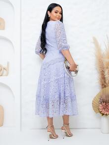 Elegant Midi Dress For Parties, Bridesmaids, Weddings, 3/4 Sleeves, Flowy Fit - tử đinh hương - Xem 2