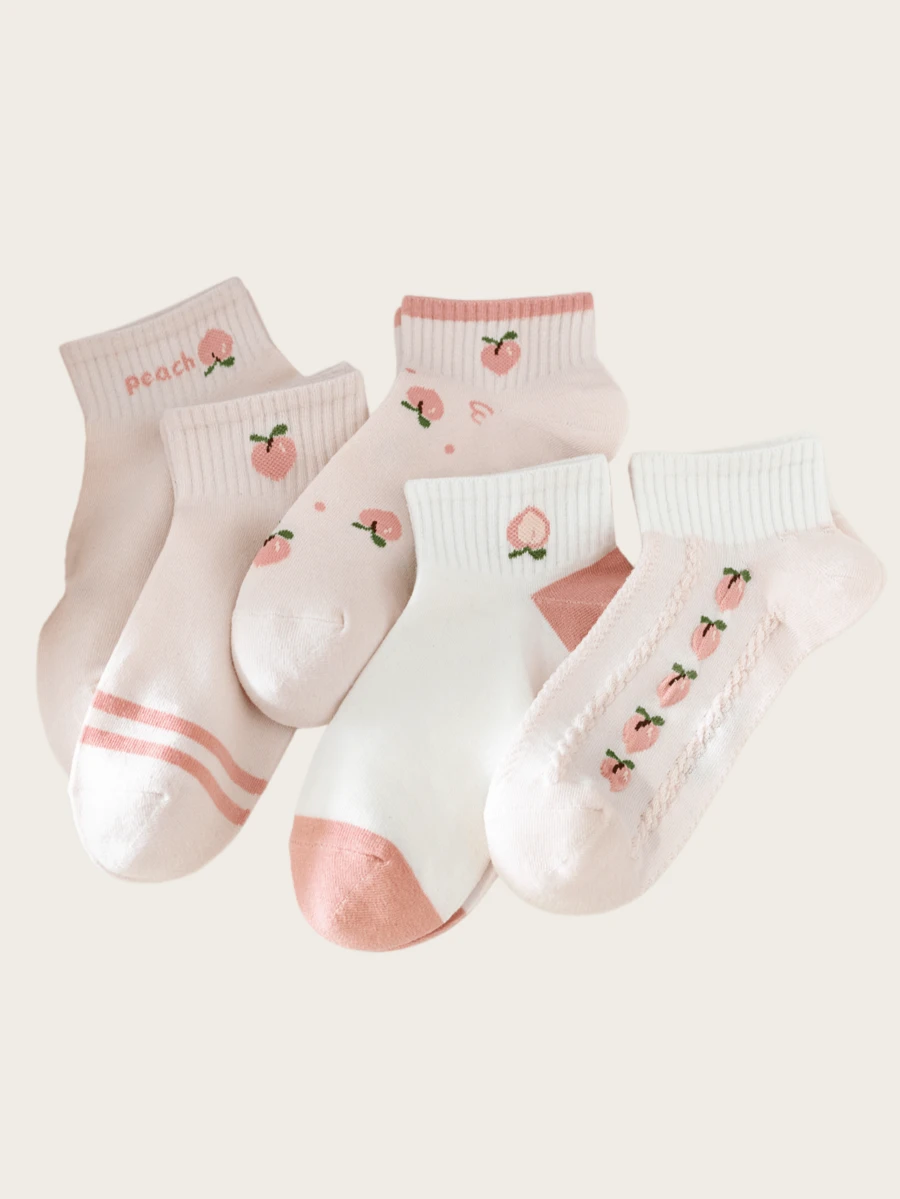 5 Pairs Cute Sweet Peach Fruit Pattern Versatile Women Ankle Socks - Multicolor - View 1