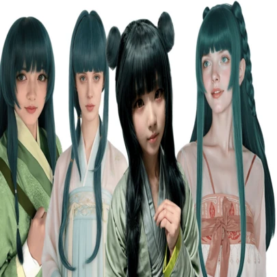 Long Dark Green Cosplay Wig For Women Synthetic Dark Green Wigs With Bangs For Cosplay Women Pigtail Apothecary Diaries Anime Wigs For Adults Halloween Costume Anime Outfit