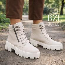Bota Coturno Com Ziper Vertical Tratorado Cano Curto - Bege - Visão 1