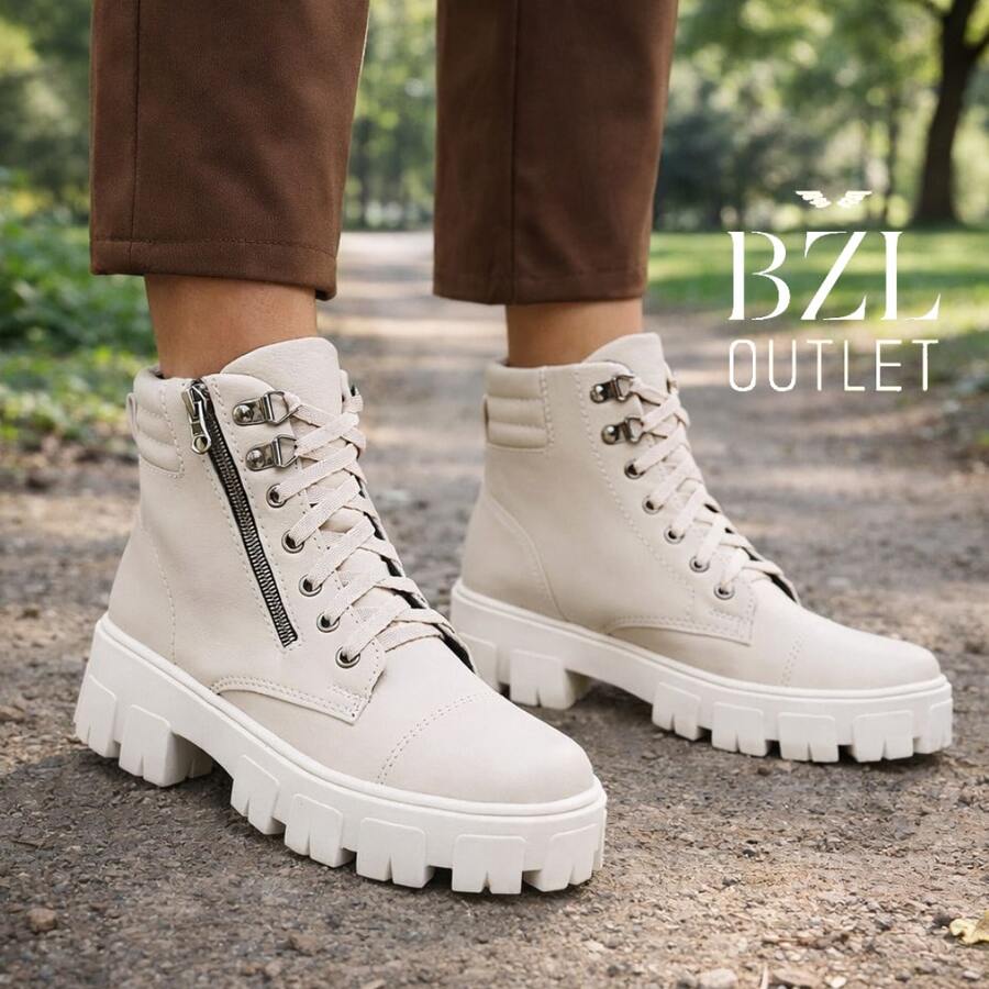 Bota Coturno Com Ziper Vertical Tratorado Cano Curto - Bege - Visão 1