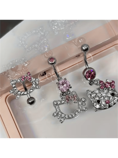  (Authorized) SANRIO1pc Hello Kitty Navel Ring - Y2K Fashion Alloy Navel Jewelry With Pink Crystal Decoration - Fashion Women's Body Accessories - Ideal Birthday And Valentine's Day Gifts