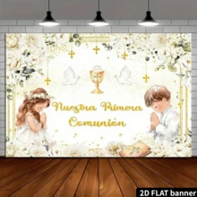 2D Primera Comunión Tema de Fiesta - Telón de fondo de fotografía y pancarta de fiesta, adecuado para vacaciones, cumpleaños, decoración de fiesta de boda, aplicable para jardín e interior, ideal para decorar festivales, fondo para eventos de celebración, decoración multiusos, regalo festivo, hecho de poliéster, sin necesidad de energía - Ver 5