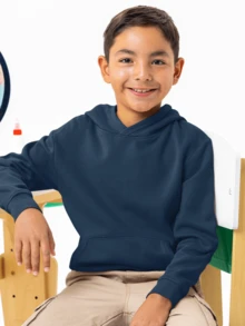 Basic Kangaroo Hoodie With Thick Flannel Thermal Lining For Boys, Casual Winter Wear - Màu xanh hải quân - Xem 5