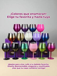 Copa para vino/coctel/jugo/Champán de acero inoxidable, FAB*15, Copa, vaso de acero inoxidable portátil, Copa para café, Bebidas, Champán, Cócteles, Vaso/taza/Copa aislante de colores variados, capacidad 14 Oz/410 ml. - PLATA MORADO - Ver 3
