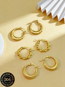 1/3 Pairs Gold Geometric Stainless Steel Earrings, Gold-Plated Stainless Steel Jewelry, Women's Earrings, Hoop Earrings, Dangle Earrings, Gold-Plated Hinged Round Earrings, Bamboo Texture, Diamond Cut, Hexagon, Square, Round, Butterfly Design, Durable Low-Allergy Earrings Suitable For Sensitive Ears, Charming Women's Accessories, Middle Eastern Fashion Accessories, Ramadan Decoration Accessories And Gifts, Party And Holiday Gifts - Multicolor - View 5