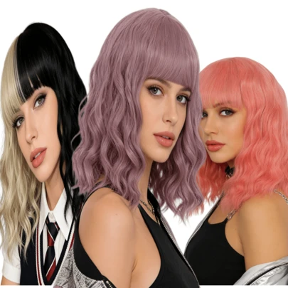 Short Bob Hairstyle Women's Wig Loose Wavy Curly Shoulder Length Synthetic Color Role-Playing Costume Wig (Pink Purple, Pink, Black+Khaki Double Pack)