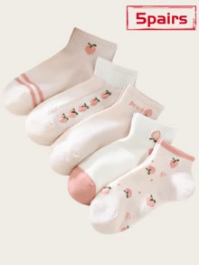 5 Pairs Cute Sweet Peach Fruit Pattern Versatile Women Ankle Socks - Multicolor - View 2
