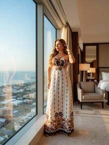 New Model Long Dresses With 3D Multicolor Print. - Apricot - View 2