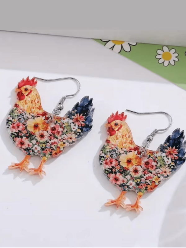 2D Western Style Chicken Pendant Earrings - Vibrant Floral Acrylic Farmhouse Jewelry, Lightweight Colorful Design Suitable For Casual Wear, Playful Accessory, Countryside Charm