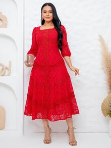 Elegant Midi Dress For Parties, Bridesmaids, Weddings, 3/4 Sleeves, Flowy Fit - Đỏ - Xem 1