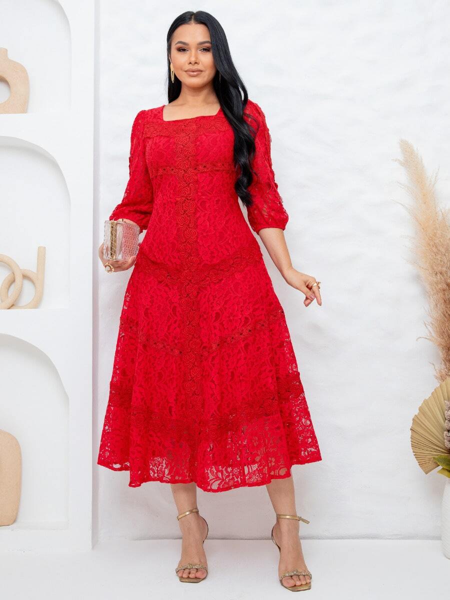 Elegant Midi Dress For Parties, Bridesmaids, Weddings, 3/4 Sleeves, Flowy Fit - Đỏ - Xem 1