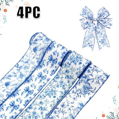 春日蓝花卉图案铁丝丝带，复古蓝白中国风花卉图案工艺丝带，适用于礼品包装、婚礼装饰、DIY工艺品、家居装饰，4卷，2.5英寸 x 20码