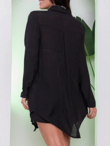 Women's Beach Cover-Up Set: Long-Sleeved Shirt And Shorts - Summer - 黑色 - 查看 3