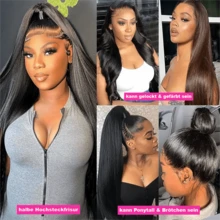 SHINEHAIR Echthaarperücken mit glattem Ansatz, vorgezupften Babyhaaren, 180 % Dichte, 13x6, 7x5, mit 360°-Front, kleberfrei, natürlicher Haaransatz, brasilianische Echthaarperücken für Damen - Natural Black - Übersicht 7