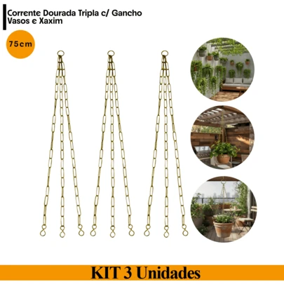 3 Suportes Corrente Tripla Dourada 75cm com Gancho p/ Vasos e Xaxim - Jardim Vertical