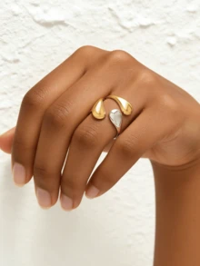 1 件 18K 镀金不锈钢可调节开口戒指，泪珠拼色设计，优雅珠宝礼物，波西米亚风格 - 水滴 - 查看 6