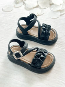 Black Toddler Girls Ruched Detail Ankle Strap Sandals - Soft Sole Open Toe Summer Beach Shoes - Black - View 3