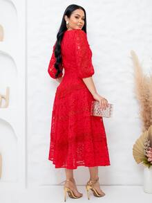 Elegant Midi Dress For Parties, Bridesmaids, Weddings, 3/4 Sleeves, Flowy Fit - Đỏ - Xem 2