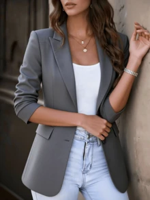 Bamboo Fashion Tailored Blazer With Lining And Button, Women's Plus Size Elegant Formal Coat, New Collection, Short Tailored Blazer, Damask Cord For Women, Chic Design, Spring Autumn 2025, New Arrival, Popular Suit - 灰色 - 查看 3