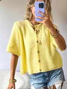Women's V-Neck Short Sleeve Cardigan, Front Button Decor, Minimalist & Fashionable Casual Style, Suitable For Daily Commute, Lovely Sweater Spring - Yellow - View 2