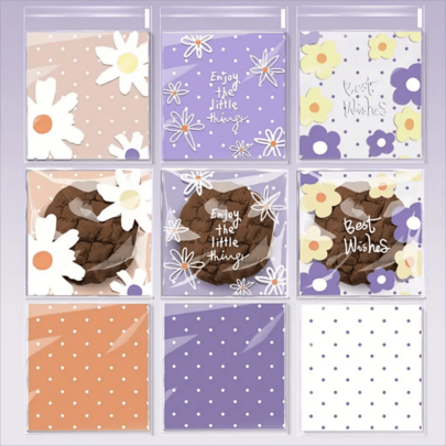 100个自粘塑料零食袋，带花卉图案，适用于派对、感恩节、母亲节、毕业典礼、饼干、糖果、小礼品包装，并附有励志信息。