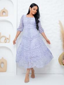 Elegant Midi Dress For Parties, Bridesmaids, Weddings, 3/4 Sleeves, Flowy Fit - tử đinh hương - Xem 4