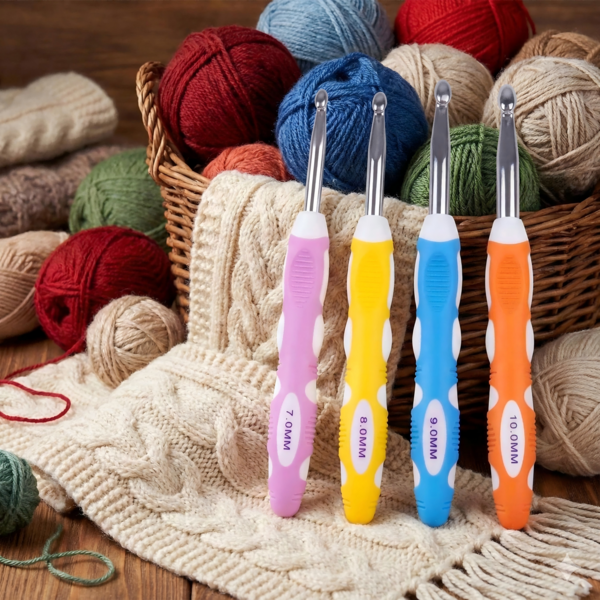 4pcs Large Size Metal Crochet Hooks, Ergonomic Non-Slip Rubber Handle Crochet Needles, 7mm 8mm 9mm 10mm Extra Long & Thick Metal Crochet Hooks, Suitable For Knitting Sweaters, Carpets, Large Crochet Projects, Essential DIY Tool For Beginners And Experienced Users
