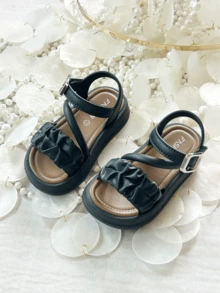Black Toddler Girls Ruched Detail Ankle Strap Sandals - Soft Sole Open Toe Summer Beach Shoes - Black - View 1