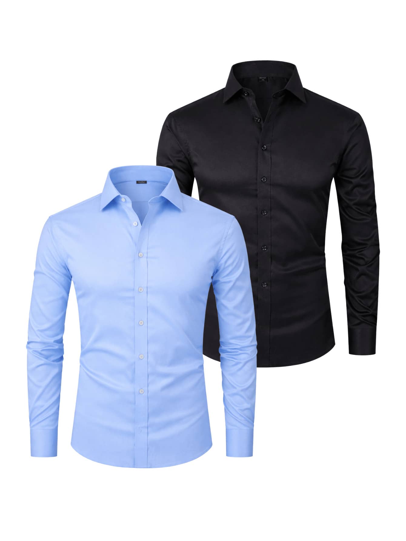 Set Of 2 Men's Long-Sleeved Slim Fit Dress Shirts For Work, Classic Lapel Collar, Lightweight And Comfortable, Work Environment - Preto/azulBB - View 1