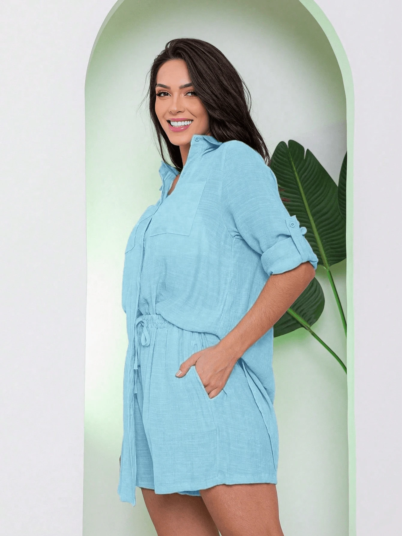 Conjunto Feminino Saída De Praia Camisão Manga Longa E Short Verão - Azul Claro - Visão 1