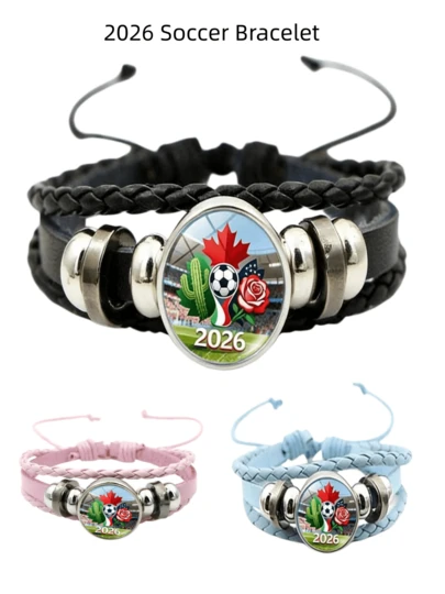 2026年美国-加拿大-墨西哥世界杯会徽按扣手链，复古多层编织PU皮革手饰，球迷纪念品