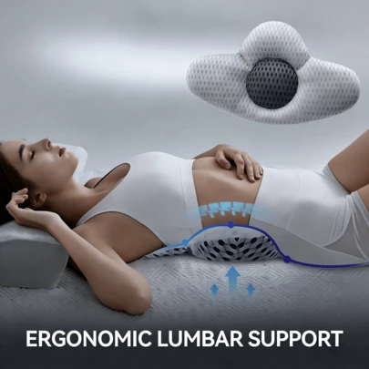 3D透气网布腰枕，二合一设计，睡眠坐姿两用，柔软透气网布表面，腰部支撑垫，缓解下背部不适，孕妇适用，适用于床、办公椅、汽车和旅行，便携轻巧。