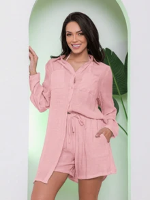 Women's Beach Cover-Up Set: Long-Sleeved Shirt And Shorts - Summer - Rosa Claro - 查看 2