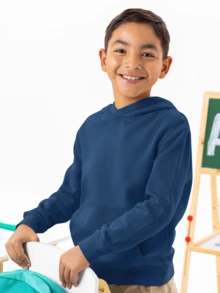 Basic Kangaroo Hoodie With Thick Flannel Thermal Lining For Boys, Casual Winter Wear - Màu xanh hải quân - Xem 4