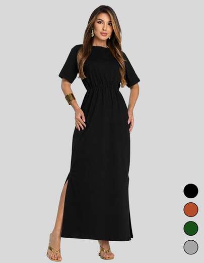 Vestido Feminino Evangelico Midi De Manguinha  elegante  Conservador / modesto  Casual    Dividido    Casamento