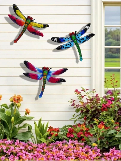 3件套亮丽金属蜻蜓花园艺术装饰品，适用于花园、庭院、栅栏、窗台、阳台、墙壁、户外装饰、节日、派对，也是送给动物爱好者的礼物。