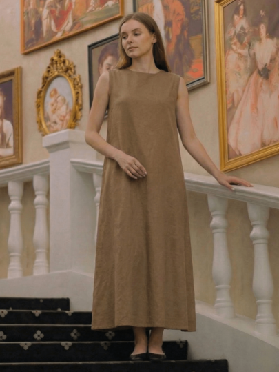 Vestido de Body ceñido de cuello redondo sin mangas de unicolor casual y de moda para primavera