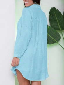Conjunto Feminino Saída De Praia Camisão Manga Longa E Short Verão - Azul Claro - Visão 2