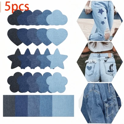 5 piezas de parches de tela de mezclilla - Incluye diseños de corazón, estrella y nube en 5 colores - Adhesivo resistente adecuado para reparación de vaqueros y decoración de ropa - Parches de aplicación de tela duraderos, decoración textil creativa, pegatinas con formas divertidas, fáciles de planchar
