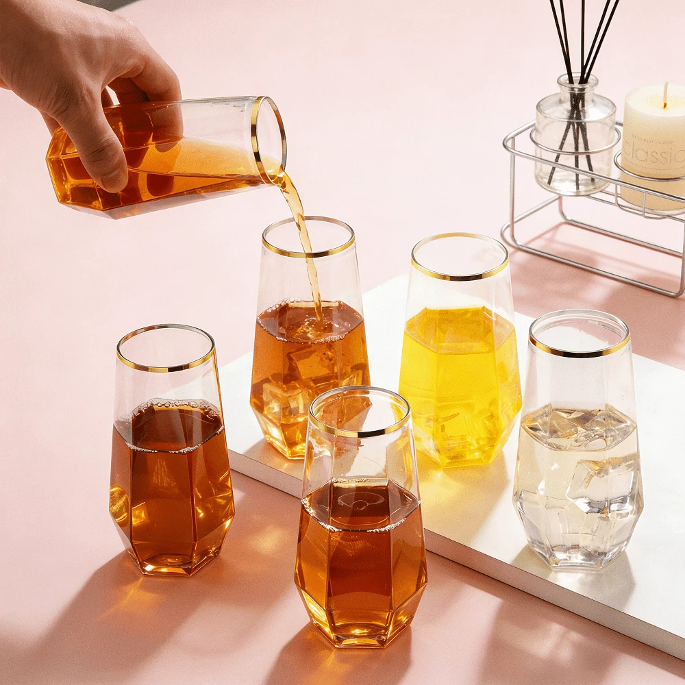 Bộ 6 ly rượu không chân, viền vàng, dung tích 9oz, họa tiết đính đá lấp lánh - Chống vỡ | Thích hợp cho rượu vang đỏ, cocktail, nước ép, sâm panh | Món quà hoàn hảo cho Ngày Valentine, Năm mới, Đám cưới, Tiệc sinh nhật - Xem 1