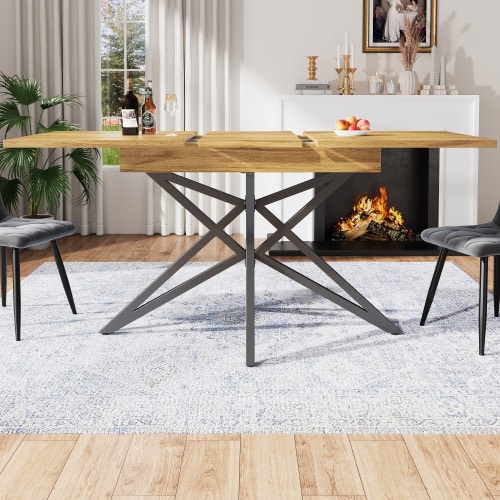 Extendable Dining Table, Dimensions 120 (160) X 80 Cm, Extendable Kitchen Table, Breakfast Table, Star Table Legs, Black Wrought Iron Table Legs, Textured Walnut/Marble Tabletop