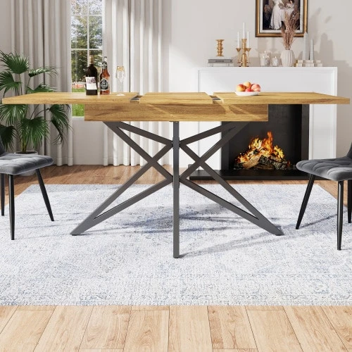 Extendable Dining Table, Dimensions 120 (160) X 80 Cm, Extendable Kitchen Table, Breakfast Table, Star Table Legs, Black Wrought Iron Table Legs, Textured Walnut/Marble Tabletop - Khaki - View 1