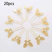 5pcs Women's U-Shaped Hair Clips, Gold Butterfly Pearl Rhinestone Bridal Hair Pins For Bun Hairstyle, Minimalist Everyday Wedding Hair Accessories - Gold - View 7