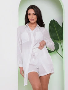 Women's Beach Cover-Up Set: Long-Sleeved Shirt And Shorts - Summer - 白色 - 查看 2